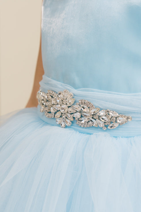 Girls Satin & Tulle Party Dress with Rhinestone Waistband 2-14