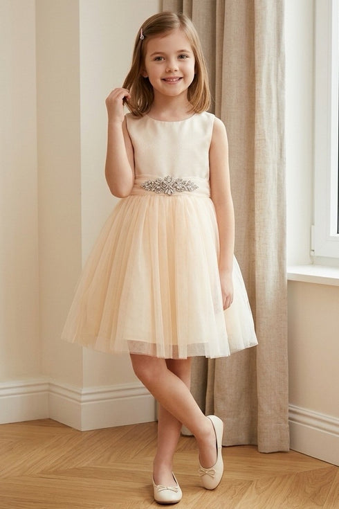 Girls Satin & Tulle Party Dress with Rhinestone Waistband 2-14