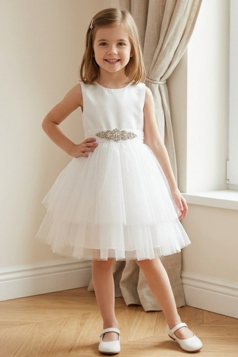 Girls Satin & Tulle Party Dress with Rhinestone Waistband 2-14