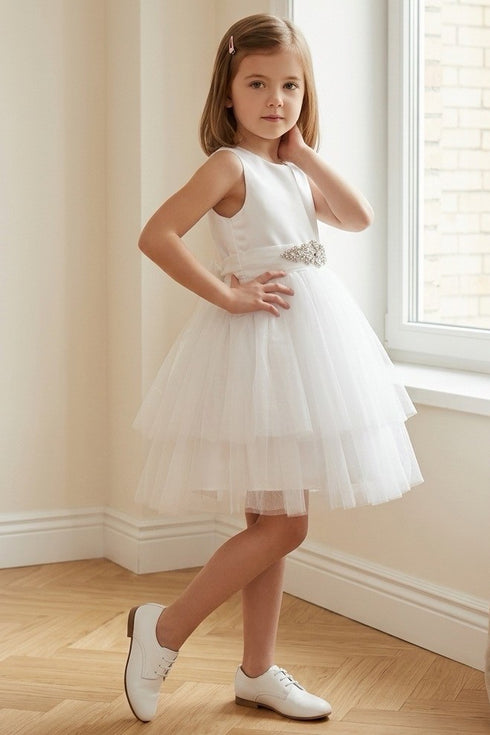 Girls Satin & Tulle Party Dress with Rhinestone Waistband 2-14