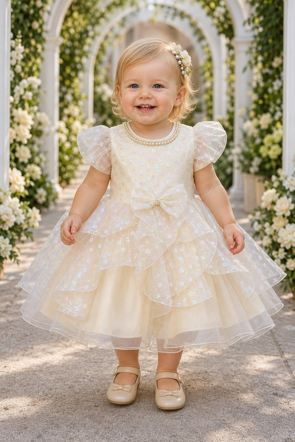 Baby Girl Floral Embroidered Sequin Tulle Dress with Bow 6-24Months