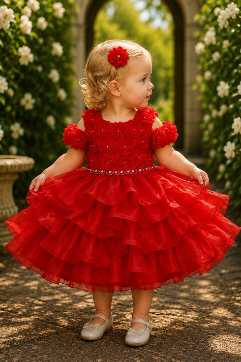 Baby Girl 3D Rose Pearl Ruffled Organza Dress 3-24Months