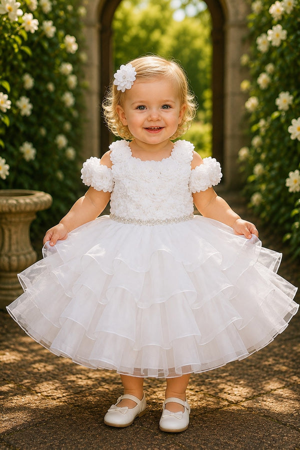 Baby Girl 3D Rose Pearl Ruffled Organza Dress 3-24Months