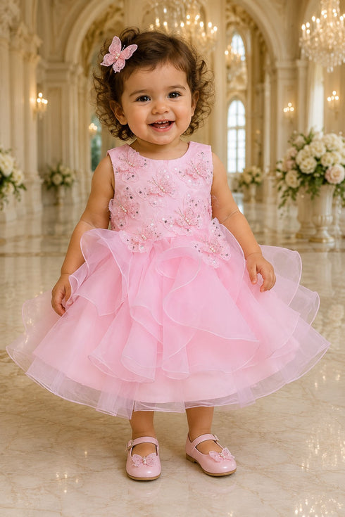 Baby Girl Butterfly Ruffled Organza Dress with Hair Clip 6-24Months