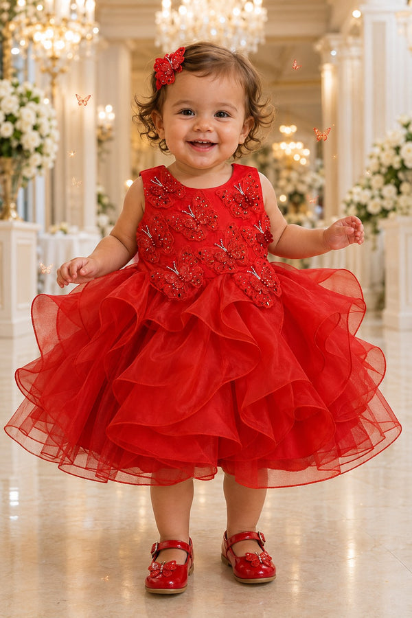 Baby Girl Butterfly Ruffled Organza Dress with Hair Clip 6-24Months