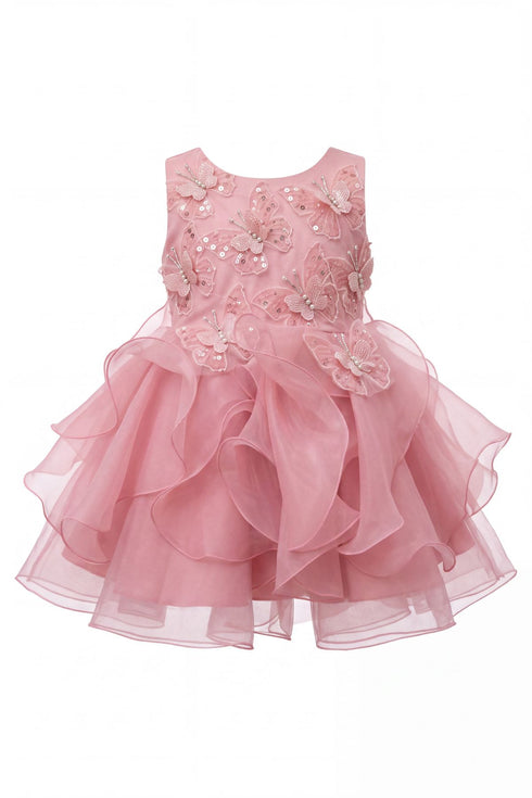 Baby Girl Butterfly Ruffled Organza Dress with Hair Clip 6-24Months