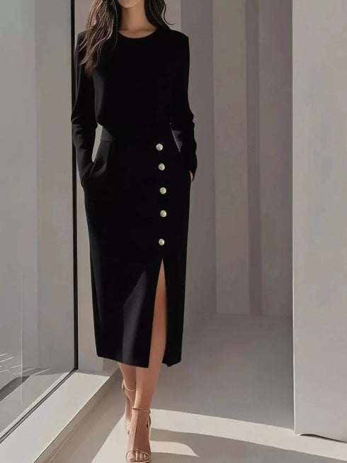 long-sleeve-button-detail-midi-dress-with-side-slit-OhSoStyled-Sophia's-Style-4