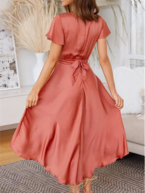 high-low-plunge-flutter-sleeve-dress OhSoStyled - Sophia's Style in Coral-3