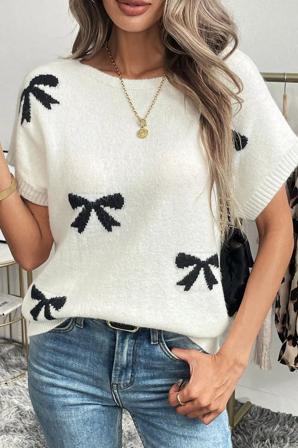 bow-pattern-knit-short-sleeve-sweater-Sophia's Style-1