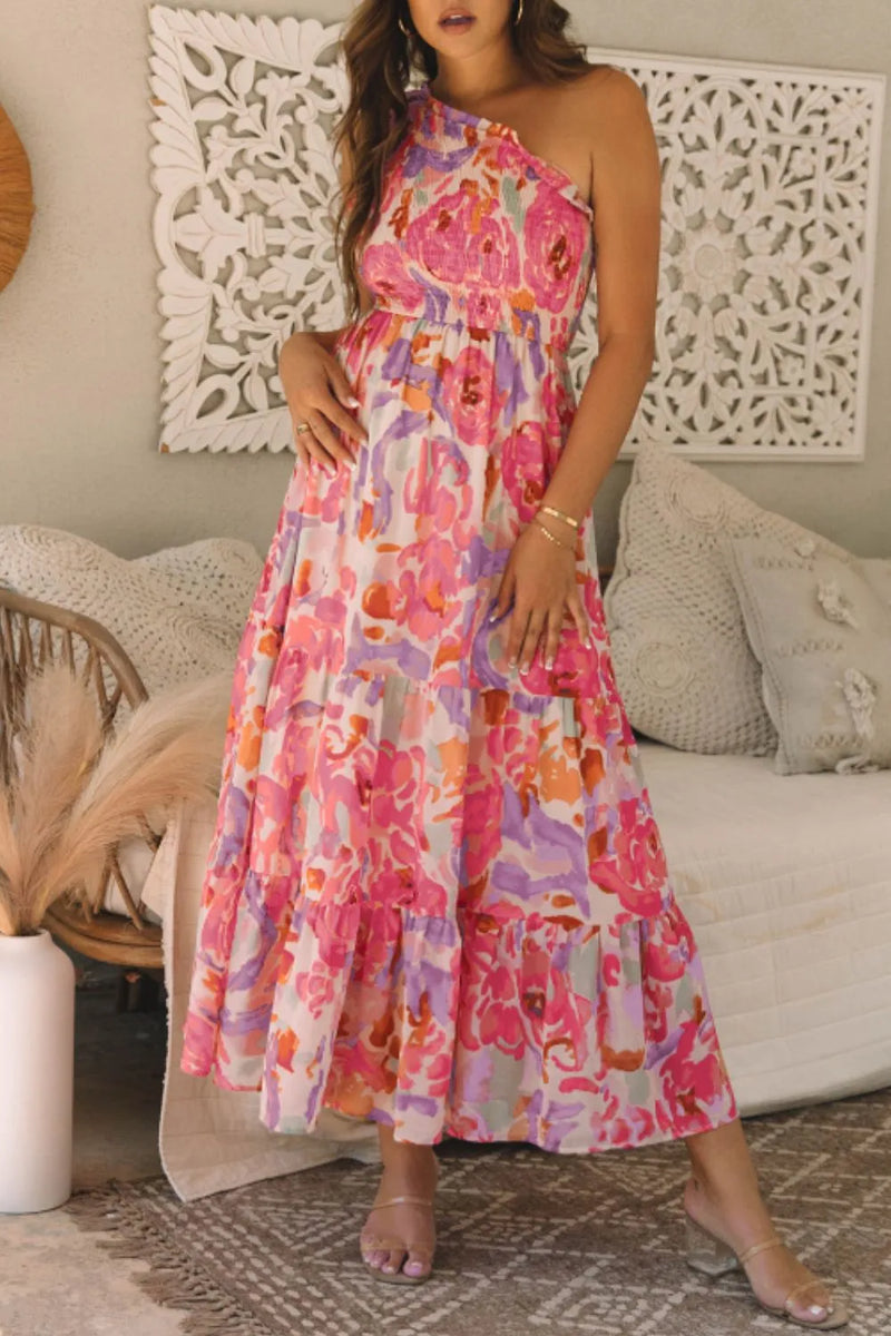 one shoulder floral maxi dress Floral Print Shirred One Shoulder Maxi Dress Women's Dresses at Sophia's Style Floral / XL