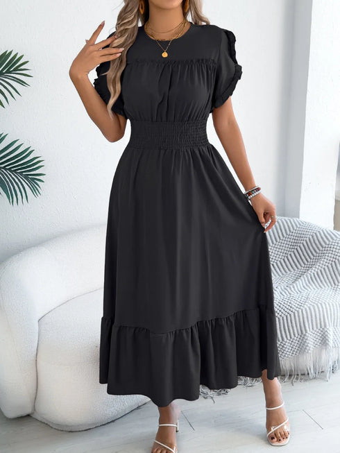 smocked-frill-round-neck-midi-dress OhSoStyled - Sophia's Style in Black-4