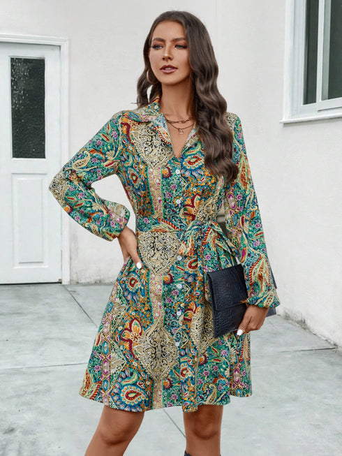 printed-collared-neck-long-sleeve-dress OhSoStyled - Sophia's Style in Teal-6