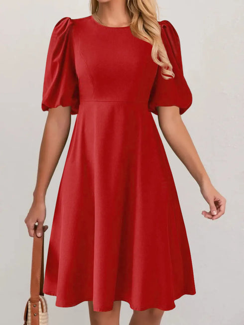 round-neck-puff-sleeve-a-line-dress-Sophia's Style-1