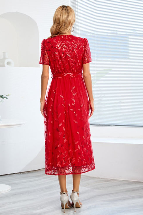 sequin-leaf-embroidery-tie-front-short-sleeve-dress Sophia's Trends - Sophia's Style--