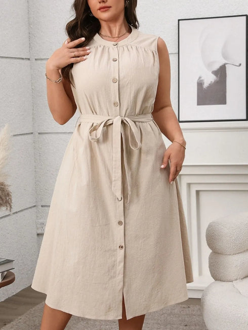 plus-size-button-front-tie-waist-sleeveless-dress OhSoStyled at Sophia's Style-4