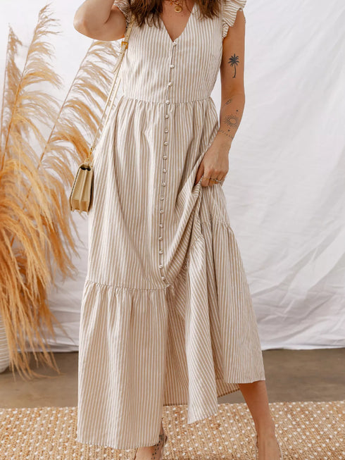 stripe-flutter-sleeve-buttoned-front-slit-maxi-dress-OhSoStyled-Sophia's-Style-2