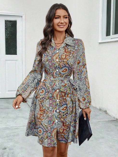 printed-collared-neck-long-sleeve-dress OhSoStyled - Sophia's Style in Light Gray-1