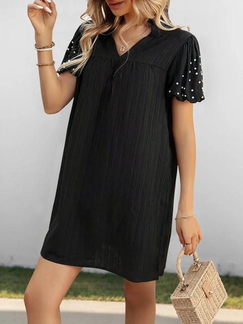 textured-v-neck-short-sleeve-mini-dress OhSoStyled - Sophia's Style in Black-4