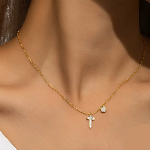 gold-plated-sterling-silver-cross-necklace-with-sparkling-cz-and-floral-charm-Sophia's Style-2