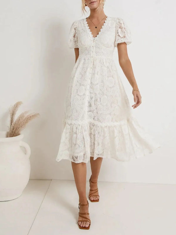 lace-v-neck-short-sleeve-dress OhSoStyled - Sophia's Style in White-1