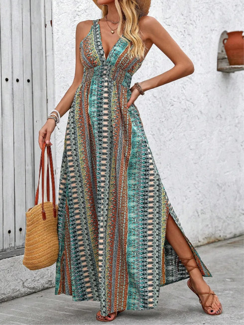 tied-back-printed-sleeveless-maxi-slit-dress OhSoStyled - Sophia's Style in Turquoise-6