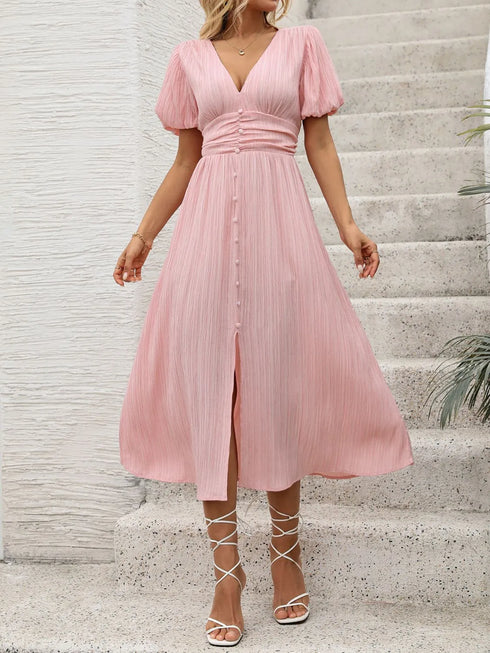 v-neck-puff-sleeve-dress OhSoStyled at Sophia's Style-1