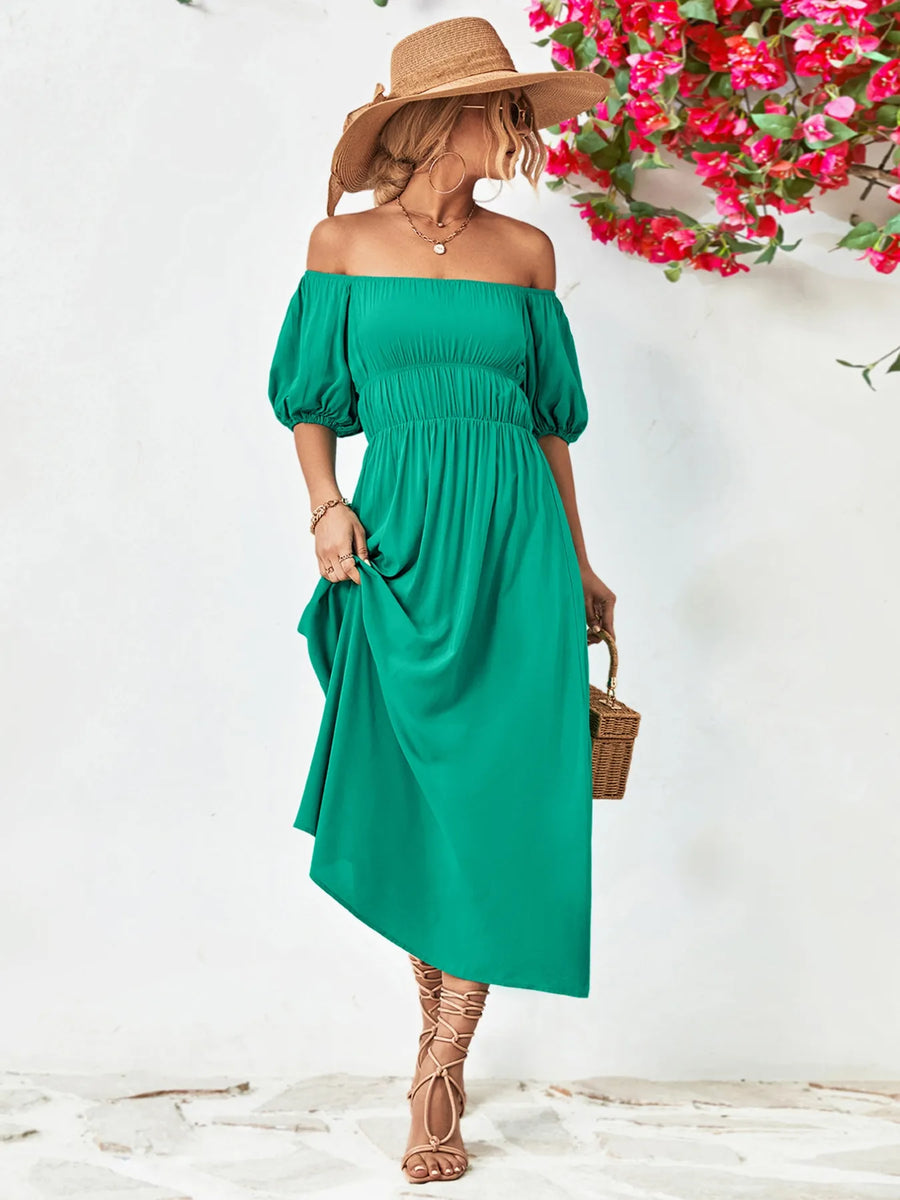 Off-Shoulder Puff Sleeve Smocked Maxi Dress from OhSoStyled at Sophia's Style Burnt Coral / M