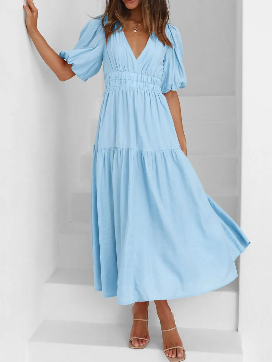 v neck puff sleeve midi dress V-Neck Puff-Sleeve Midi Dress