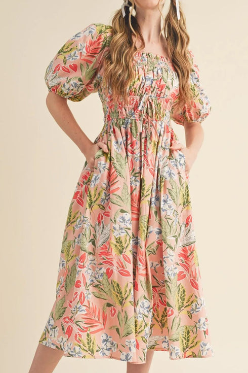 floral-smocked-square-neck-puff-short-sleeve-midi-dress OhSoStyled - Sophia's Style-4