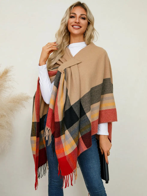 fringe-contrast-plaid-poncho-Sophia's Style-1