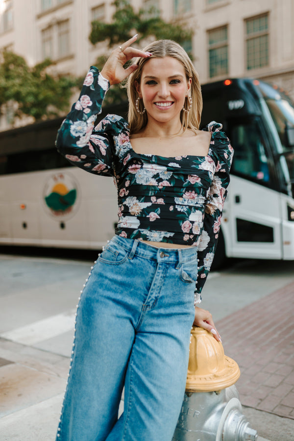 dutchess-pleated-long-sleeve-top-sleeping-garden Buddy Love - Sophia's Style-Dutchess Pleated Long Sleeve Top - Sleeping Garden-Black-XS-1