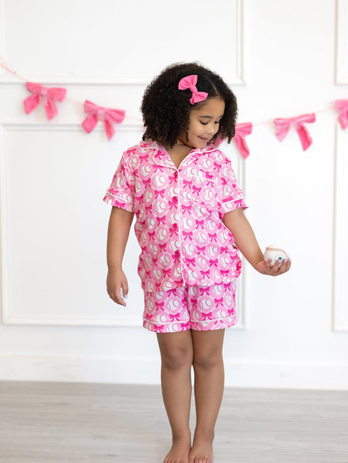 girls-baseball-bow-print-pajama-set-short-sleeve-pink-sophias-style-9