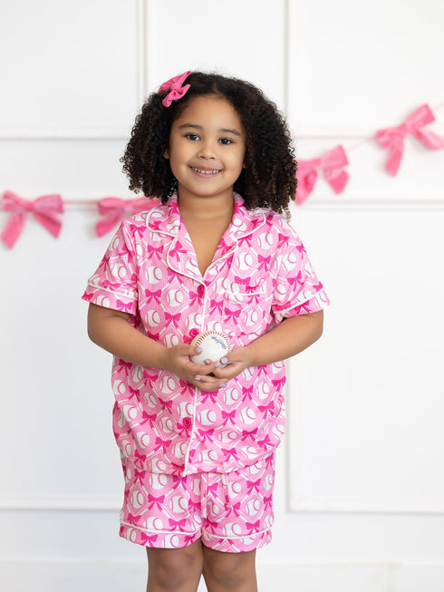 girls-baseball-bow-print-pajama-set-short-sleeve-pink-sophias-stylePajamas-1