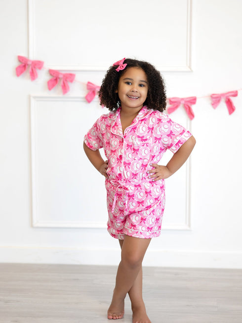 girls-baseball-bow-print-pajama-set-short-sleeve-pink-sophias-style-6