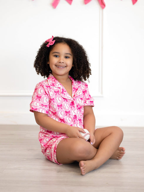 girls-baseball-bow-print-pajama-set-short-sleeve-pink-sophias-style-8