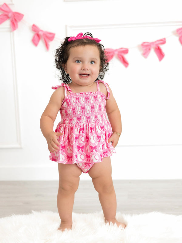baby-girl-pink-baseball-bow-print-romper-summer-outfit-Sophia's StyleRomper-1