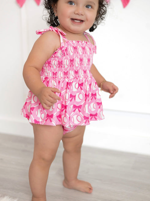 baby-girl-pink-baseball-bow-print-romper-summer-outfit-Sophia's Style-5