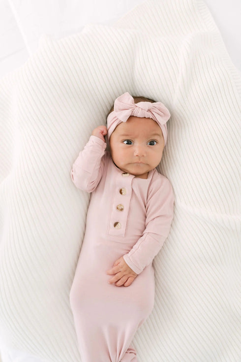 knotted-baby-gown-hat-headband-set-newborn-baby-girl-outfit-dusty-rose-Sophia's Style-4