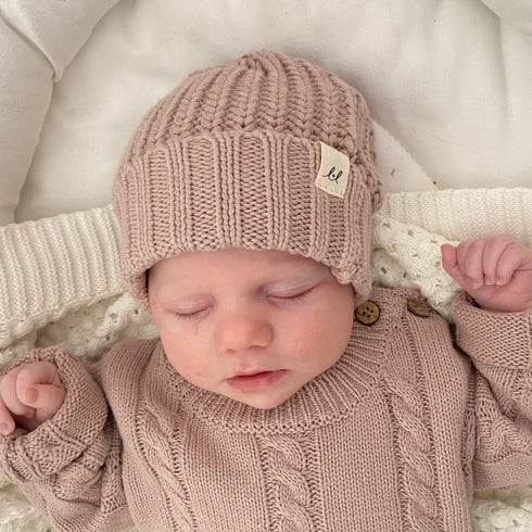 chunky-knit-beanie-dusty-petal Luna and Luca Newborn Baby Clothes