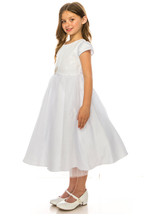 Big Girls White Sparkle Brooch Accent Short Sleeve Junior Bridesmaid Dress 8-14 - SophiasStyle.com