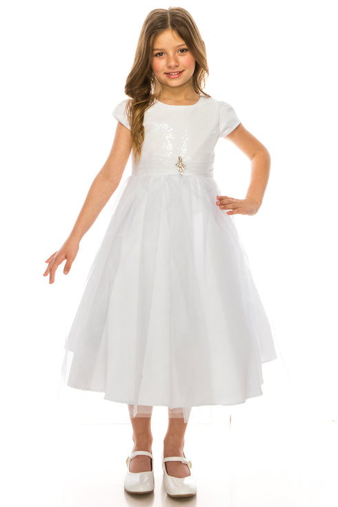 Big Girls White Sparkle Brooch Accent Short Sleeve Junior Bridesmaid Dress 8-14 - SophiasStyle.com