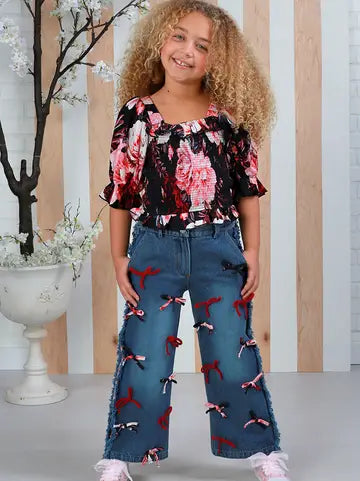 Girls Bow Jeans & Floral Shirt Set 12Months-14