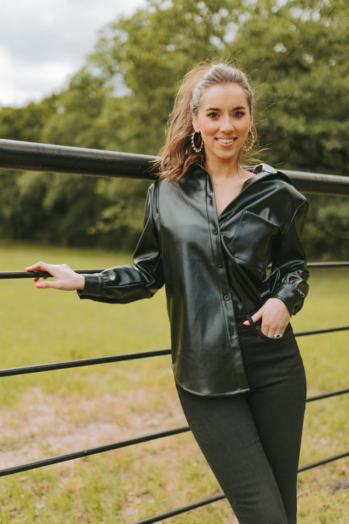 brielle-vegan-leather-button-up-top-black Buddy Love - Sophia's Style-Brielle Vegan Leather Button Up Top - Black-Black-S-1