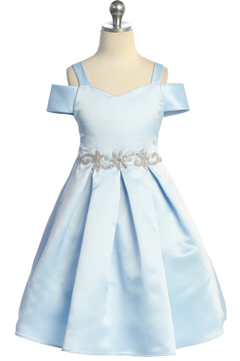 Satin Flower Girl Dress with Cold Shoulder and Pleated Skirt, Sizes 2-14