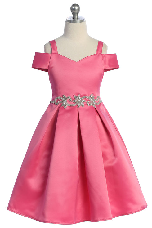Satin Flower Girl Dress with Cold Shoulder and Pleated Skirt, Sizes 2-14