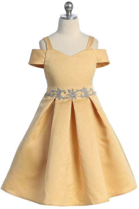 Satin Flower Girl Dress with Cold Shoulder and Pleated Skirt, Sizes 2-14