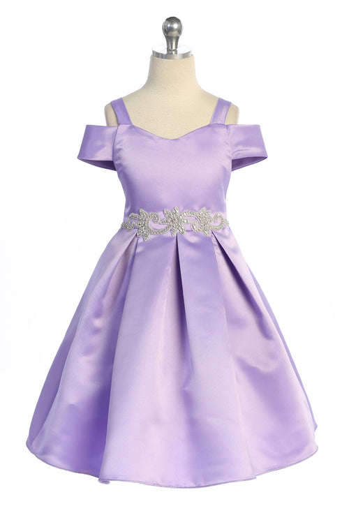 Satin Flower Girl Dress with Cold Shoulder and Pleated Skirt, Sizes 2-14