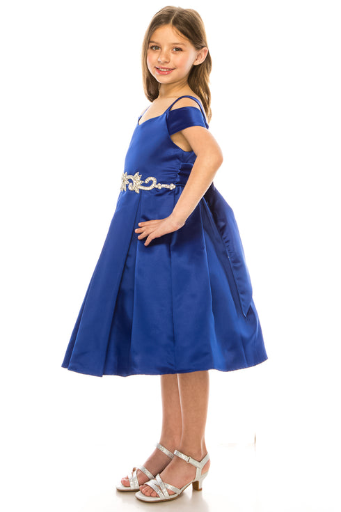 Satin Flower Girl Dress with Cold Shoulder and Pleated Skirt, Sizes 2-14
