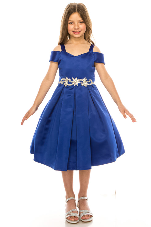 Satin Flower Girl Dress with Cold Shoulder and Pleated Skirt, Sizes 2-14