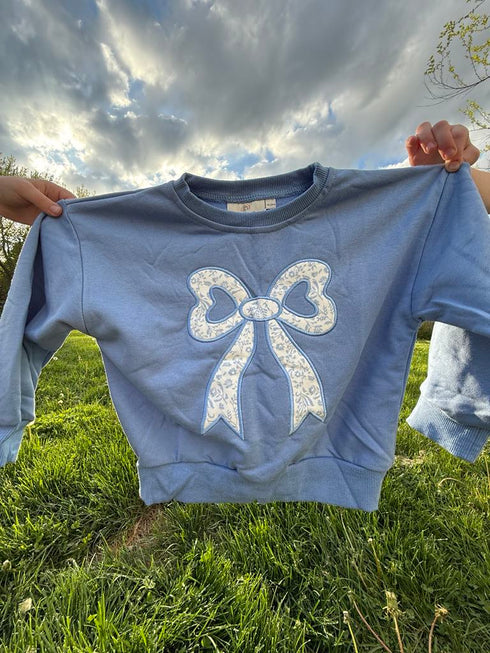 blue-toile-applique-bow-sweatshirt-romper-or-crewneck Little Joy Co - Sophia's Style-5